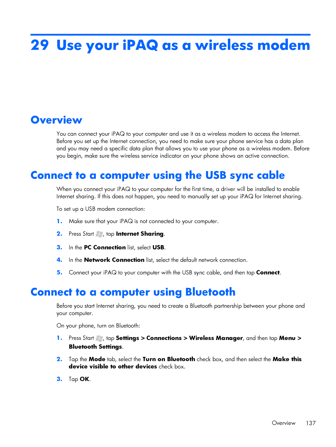 HP Glisten manual Use your iPAQ as a wireless modem, Connect to a computer using the USB sync cable 