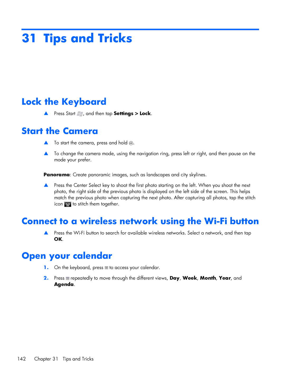 HP Glisten Tips and Tricks, Lock the Keyboard, Start the Camera, Connect to a wireless network using the Wi-Fi button 