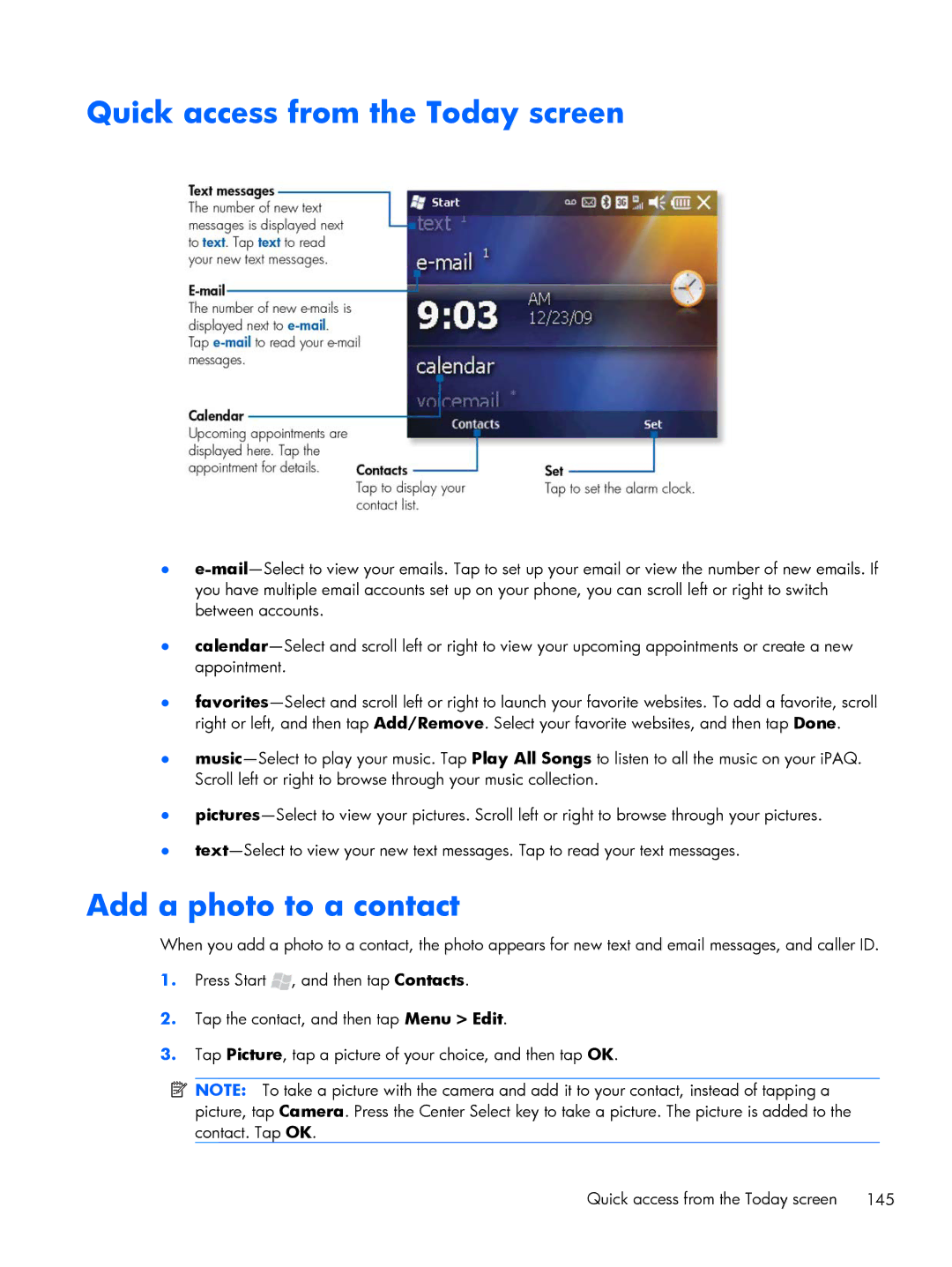 HP Glisten manual Quick access from the Today screen, Add a photo to a contact 