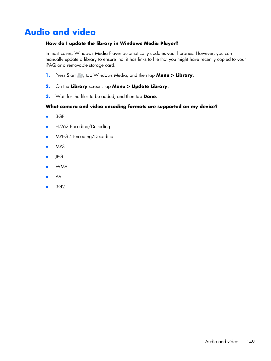 HP Glisten manual Audio and video, How do I update the library in Windows Media Player? 