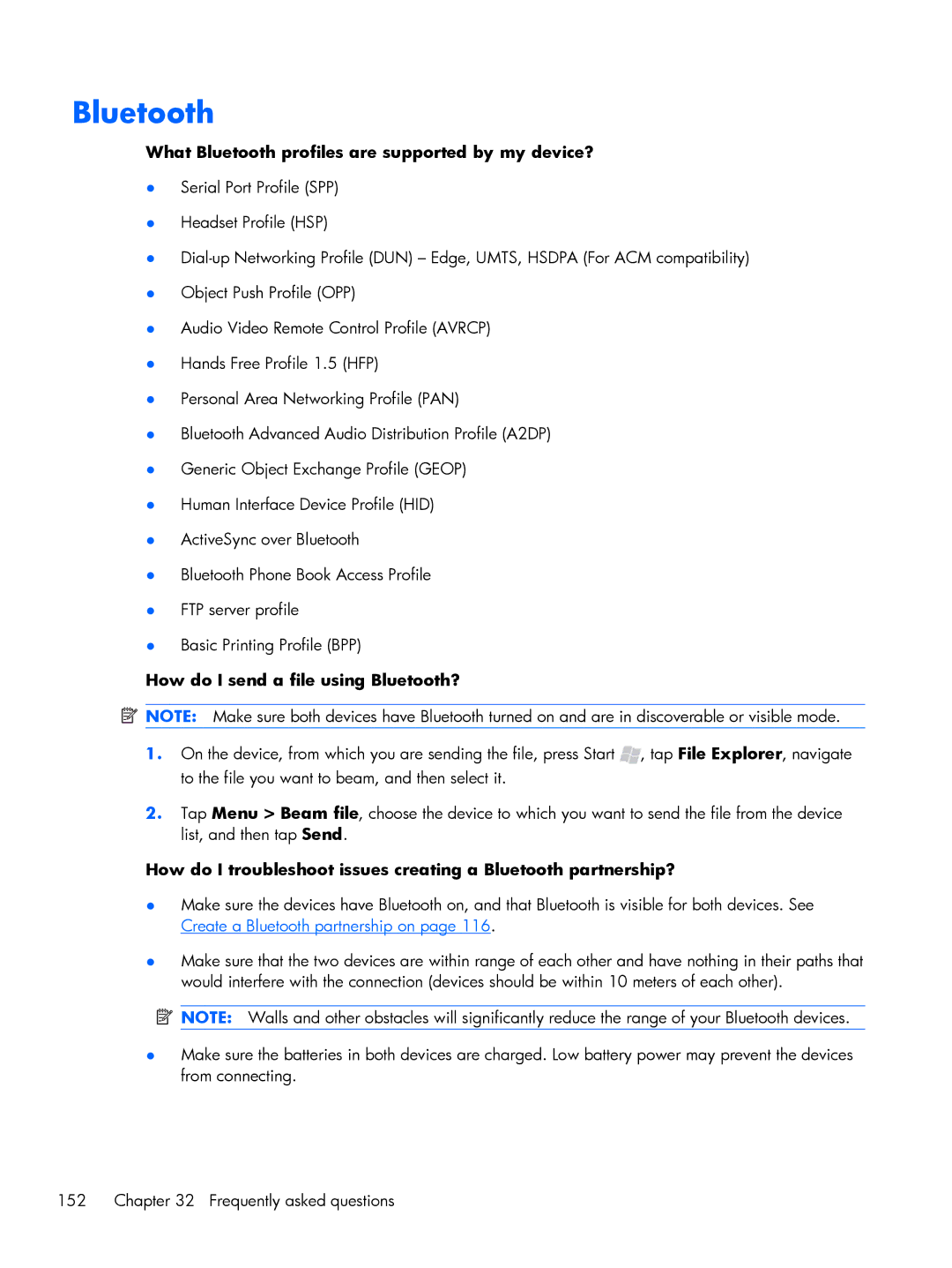 HP Glisten manual What Bluetooth profiles are supported by my device?, How do I send a file using Bluetooth? 
