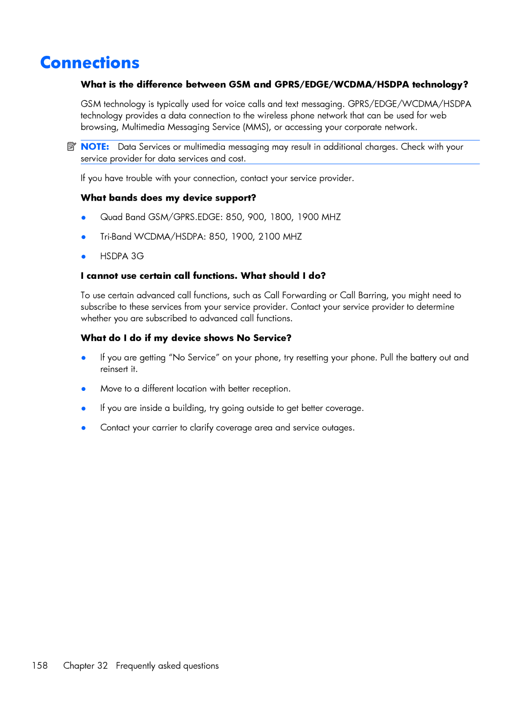 HP Glisten manual Connections, What bands does my device support?, Cannot use certain call functions. What should I do? 