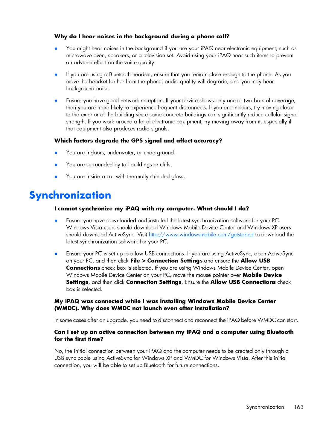 HP Glisten manual Synchronization, Why do I hear noises in the background during a phone call? 