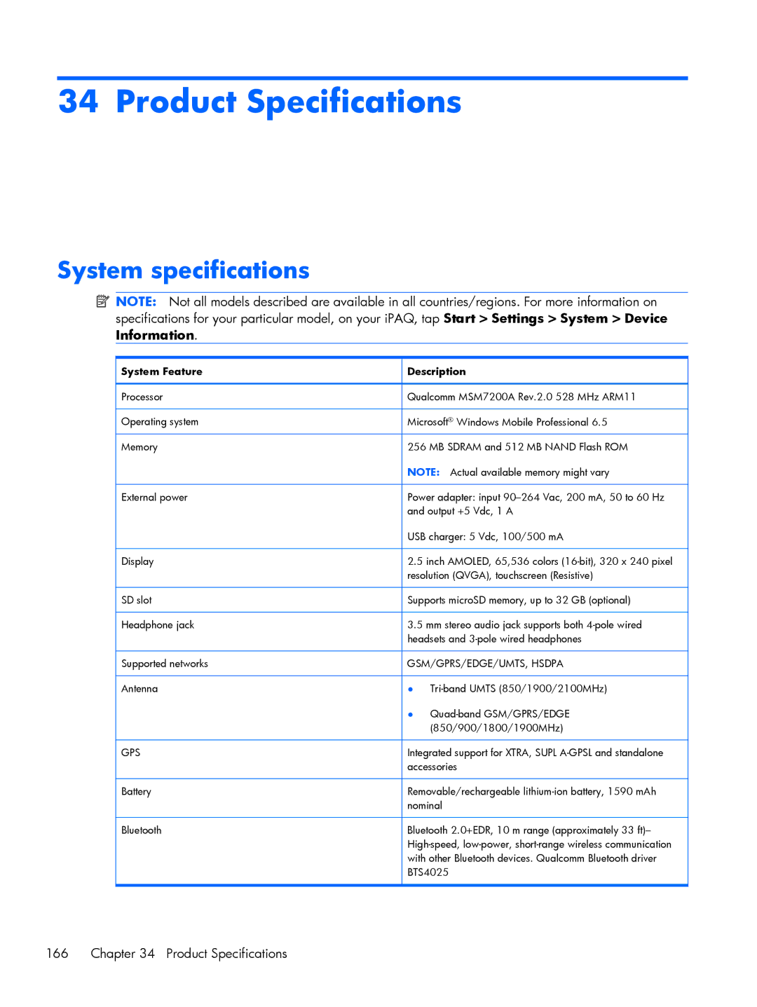 HP Glisten manual Product Specifications, System specifications 