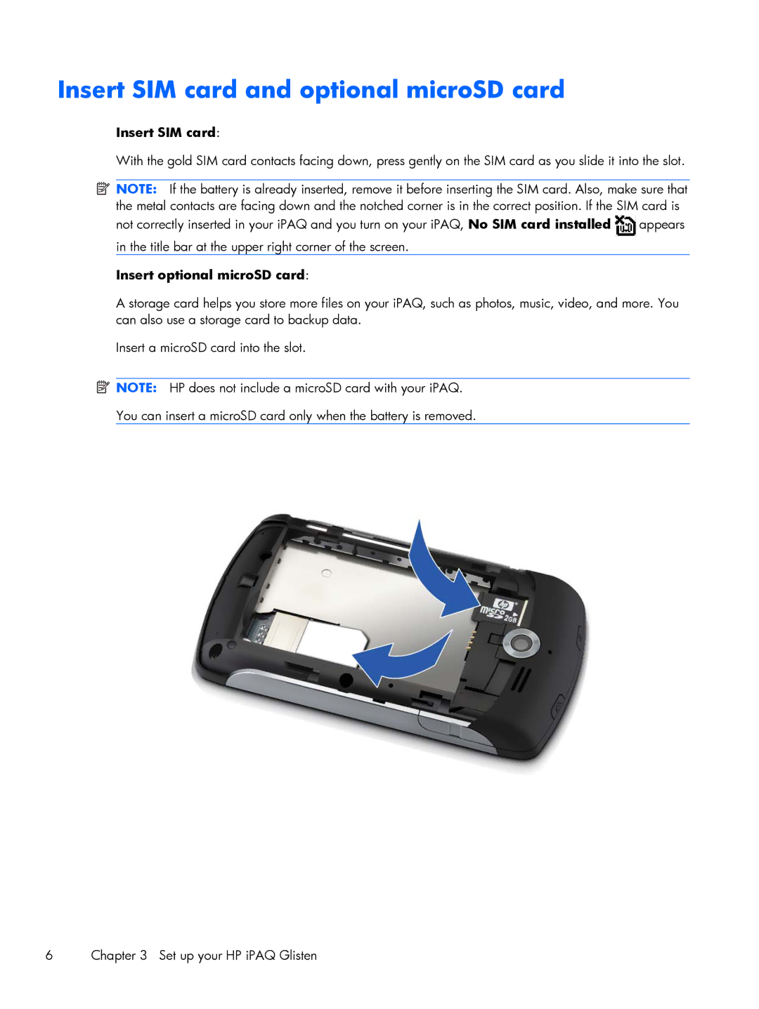 HP Glisten manual Insert SIM card and optional microSD card, Insert optional microSD card 