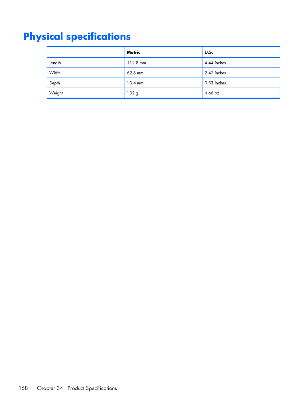 HP Glisten manual Physical specifications 