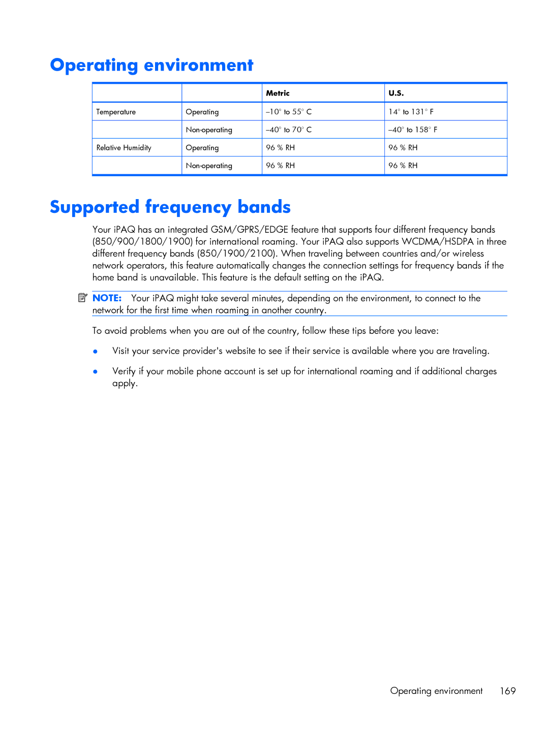 HP Glisten manual Operating environment, Supported frequency bands 