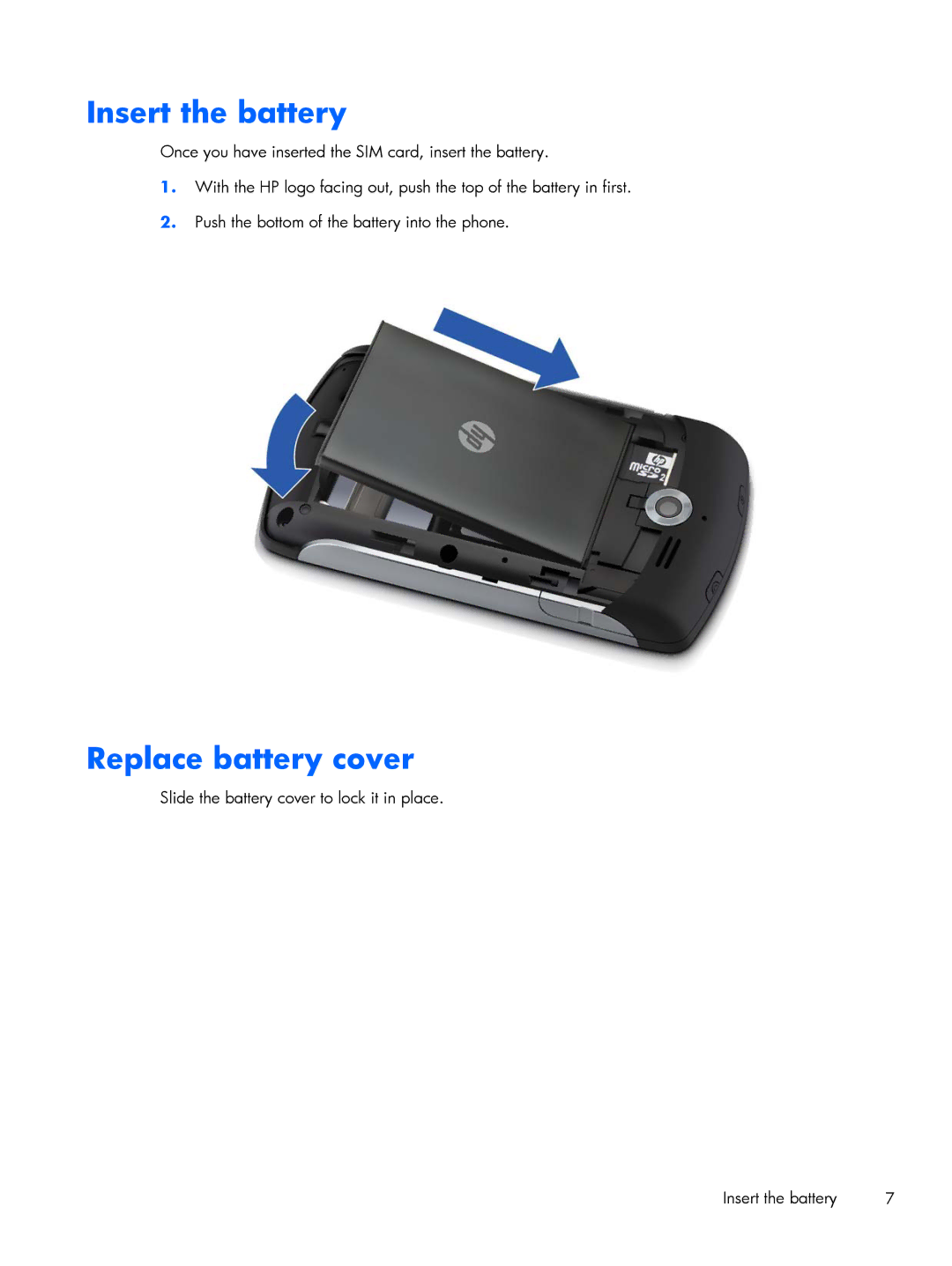 HP Glisten manual Insert the battery, Replace battery cover 