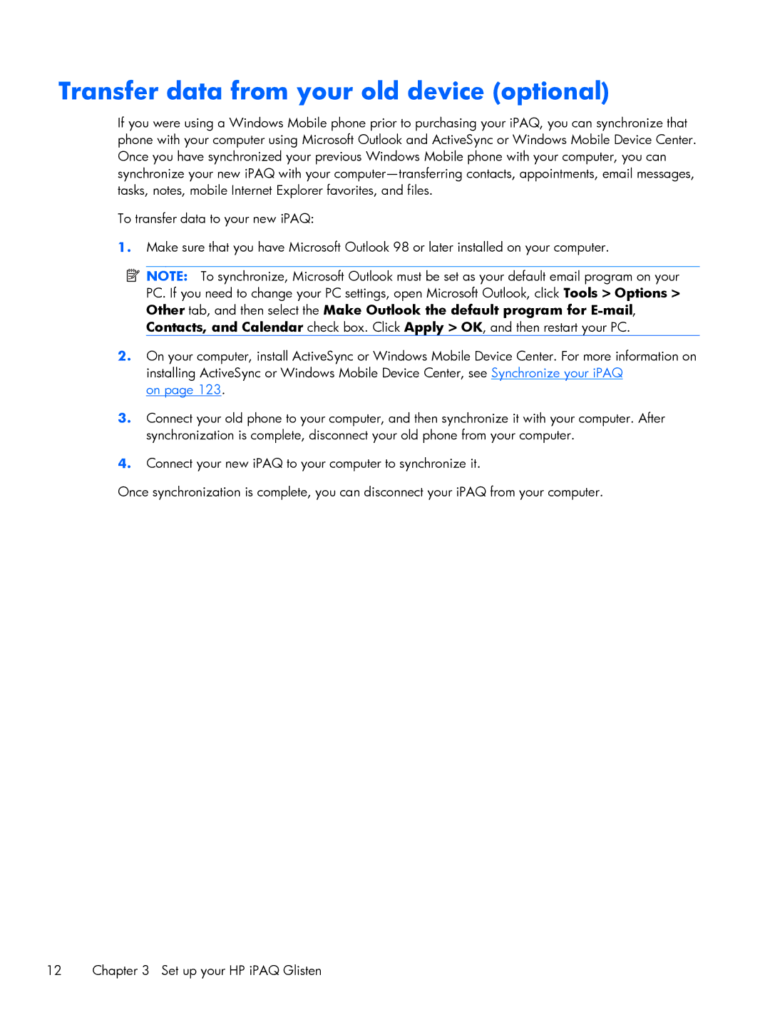 HP Glisten manual Transfer data from your old device optional 
