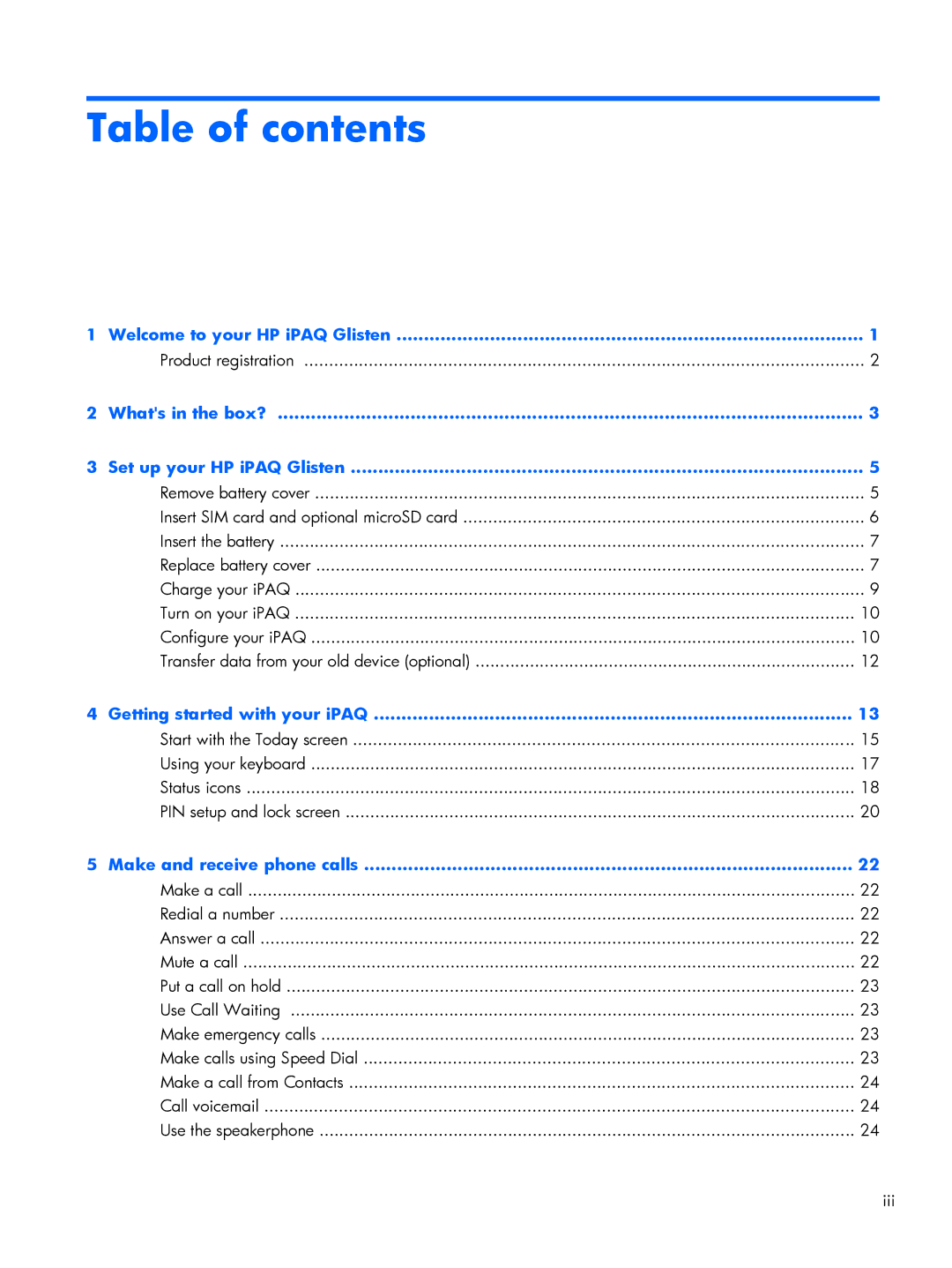 HP Glisten manual Table of contents 