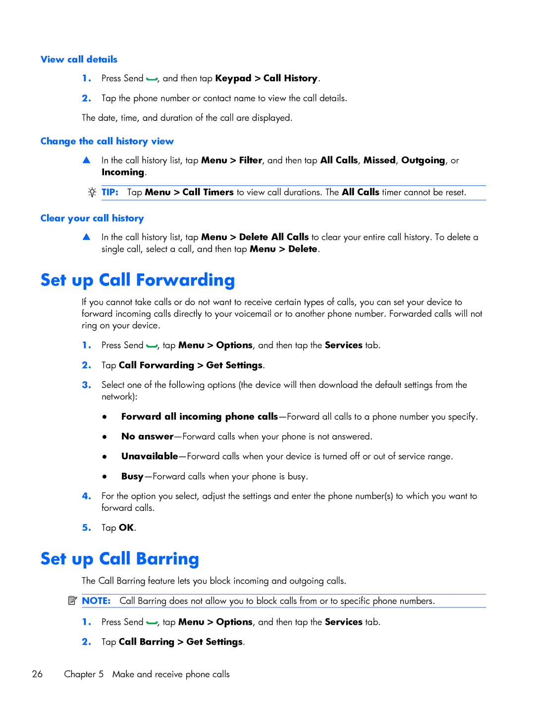 HP Glisten manual Set up Call Forwarding, Set up Call Barring, View call details, Change the call history view 