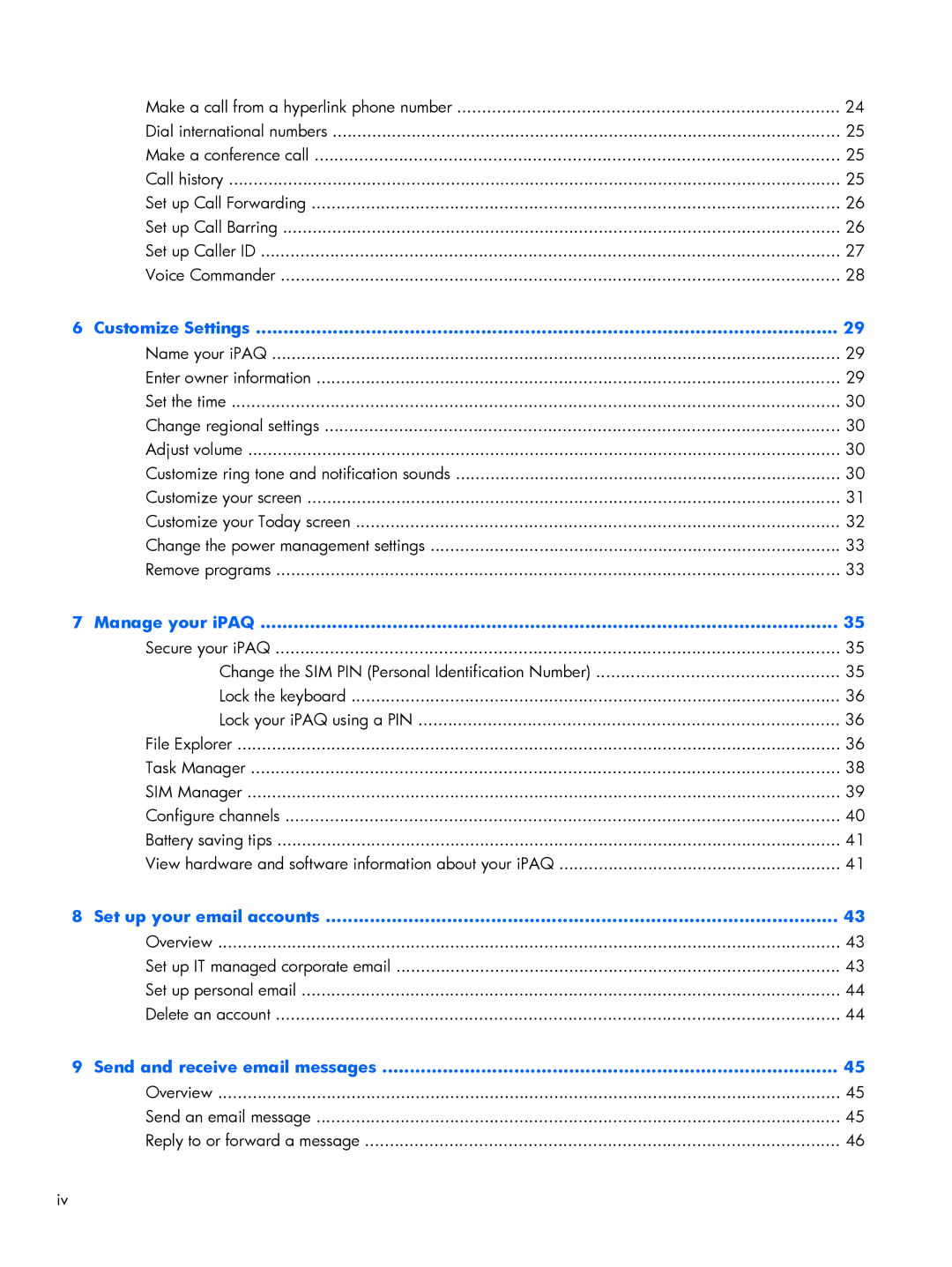 HP Glisten manual Customize Settings, Manage your iPAQ, Set up your email accounts, Send and receive email messages 