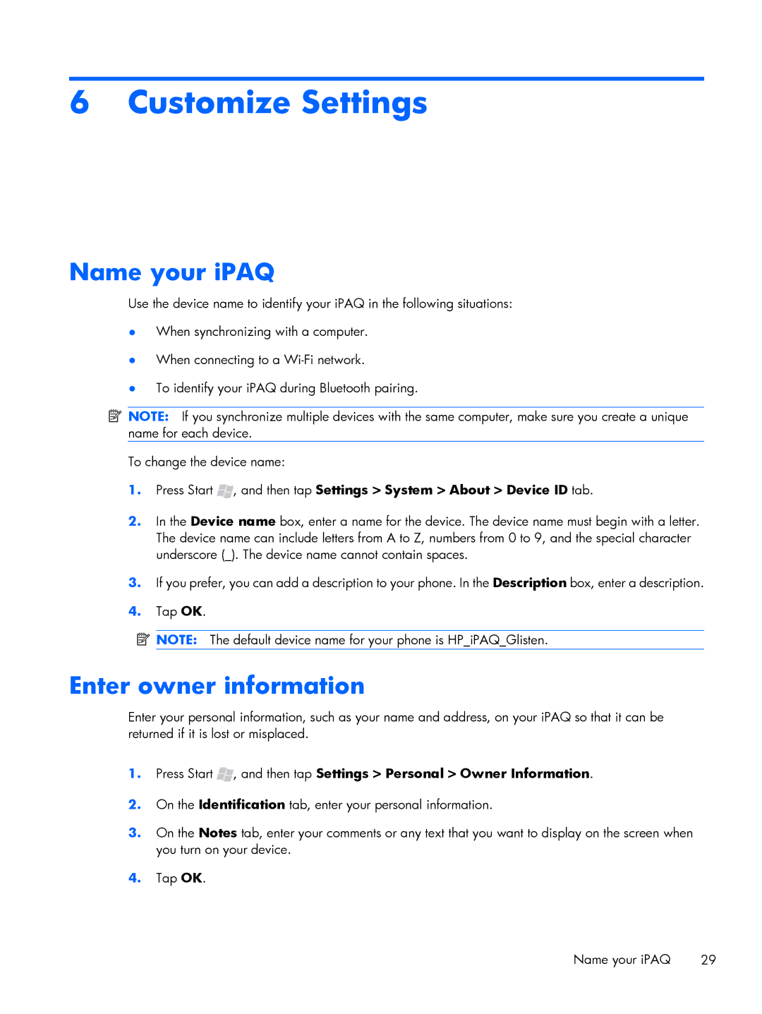 HP Glisten manual Customize Settings, Name your iPAQ, Enter owner information 