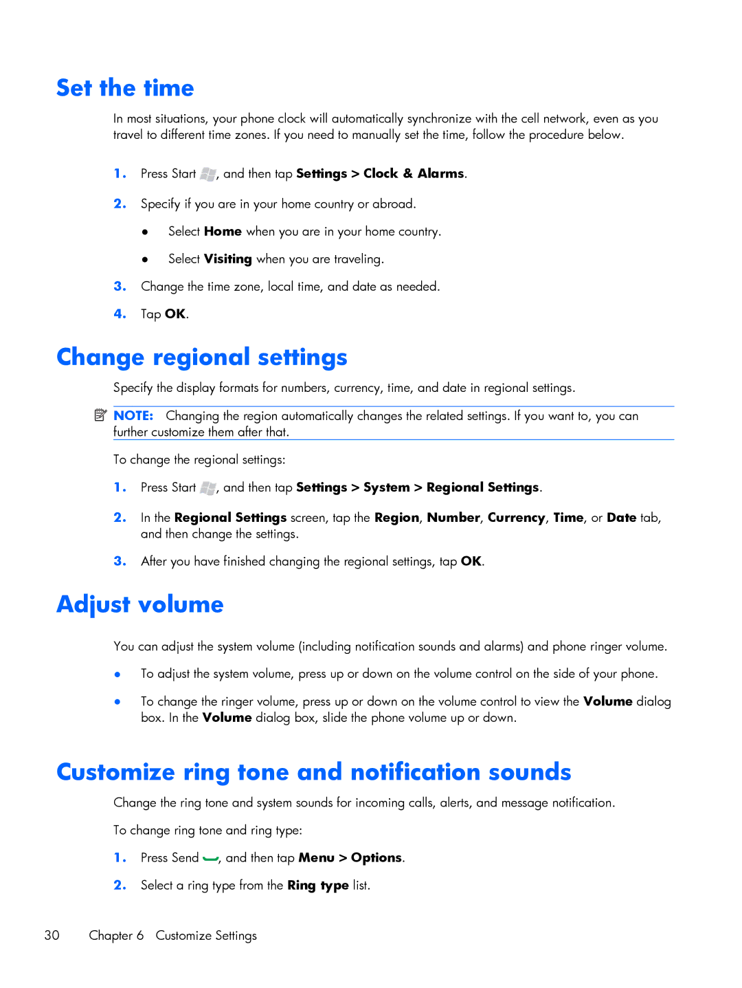 HP Glisten manual Set the time, Change regional settings, Adjust volume, Customize ring tone and notification sounds 