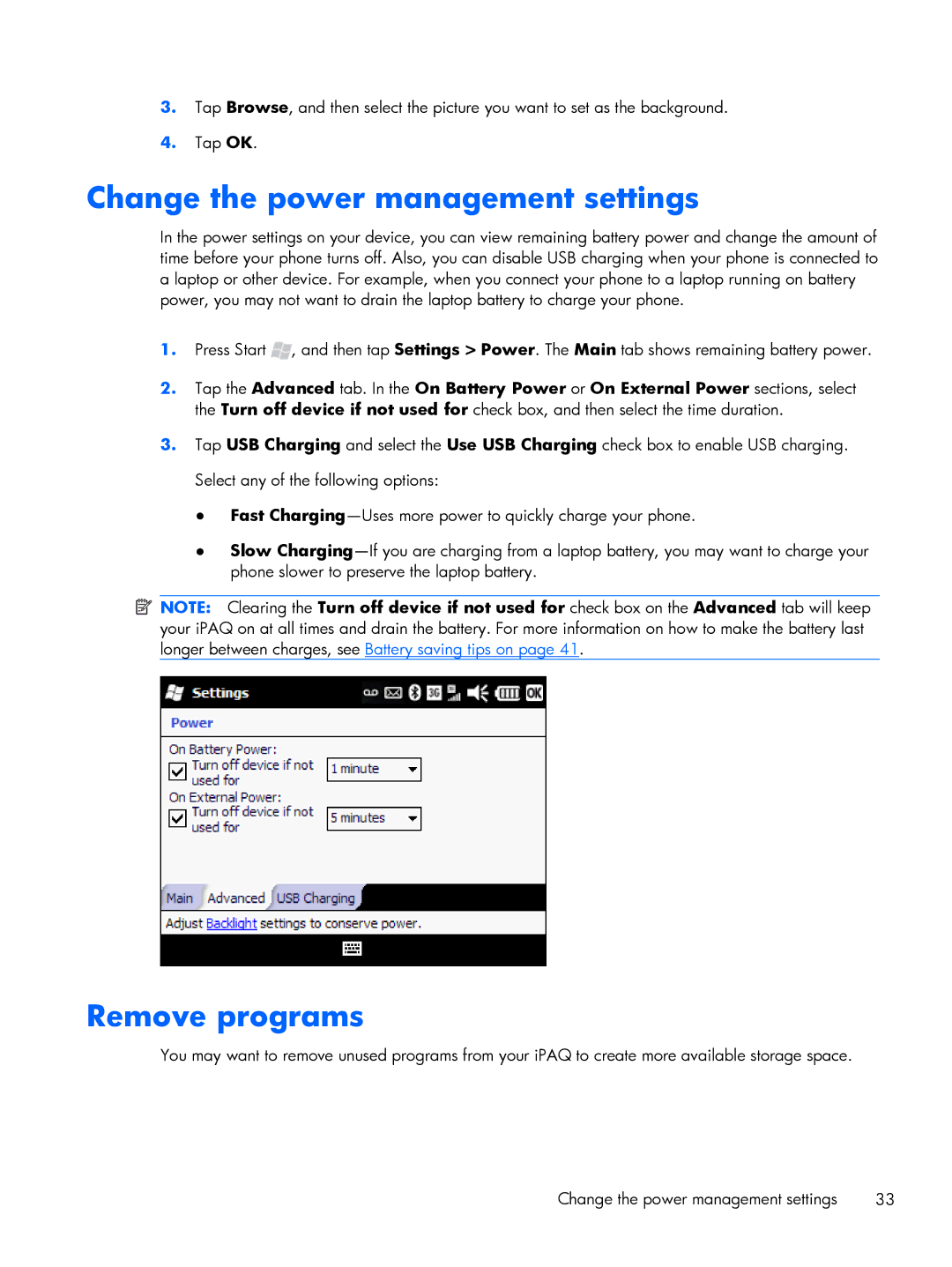 HP Glisten manual Change the power management settings, Remove programs 