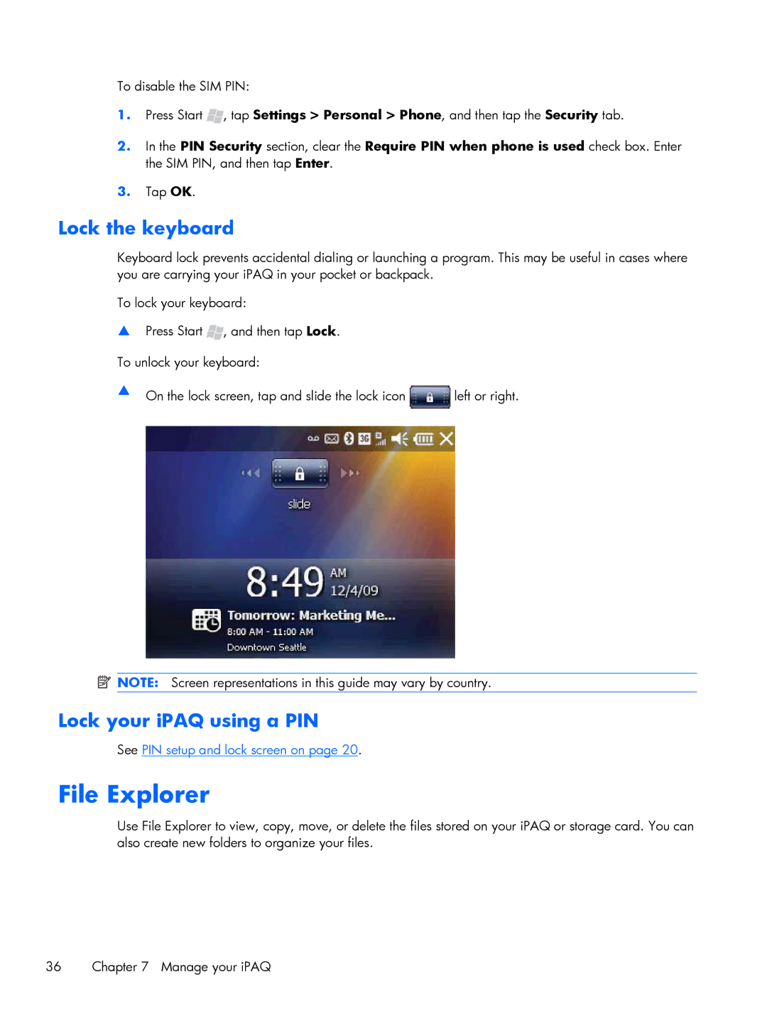 HP Glisten manual File Explorer, Lock the keyboard, Lock your iPAQ using a PIN 