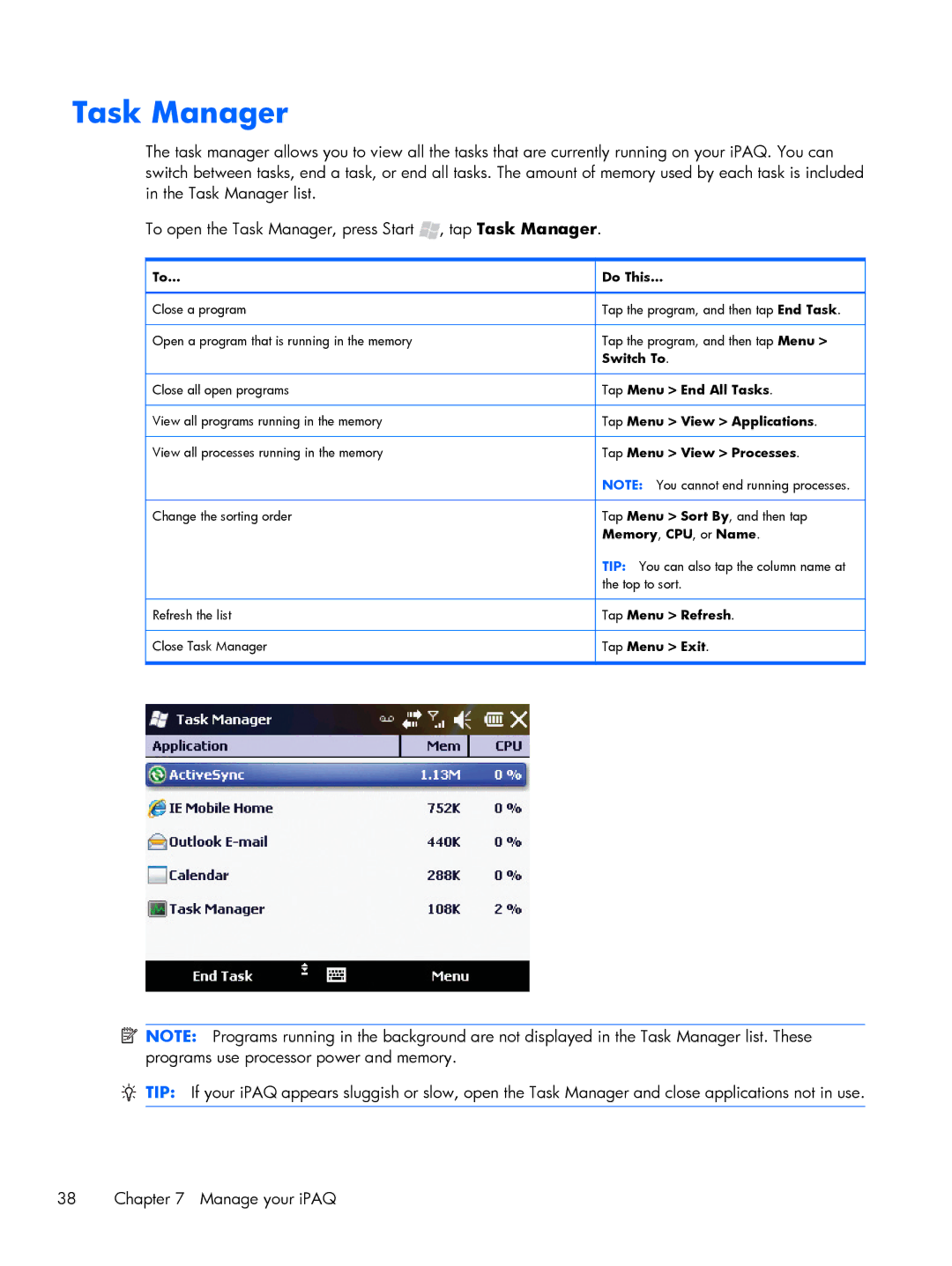 HP Glisten manual Task Manager, To… 