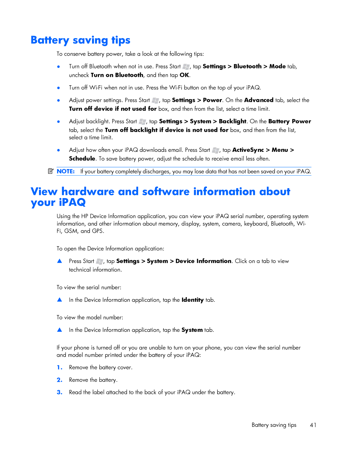 HP Glisten manual Battery saving tips, View hardware and software information about your iPAQ 
