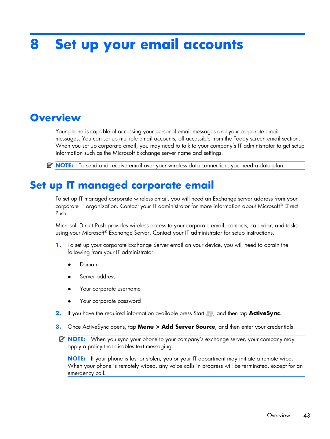 HP Glisten manual Set up your email accounts, Overview, Set up IT managed corporate email 