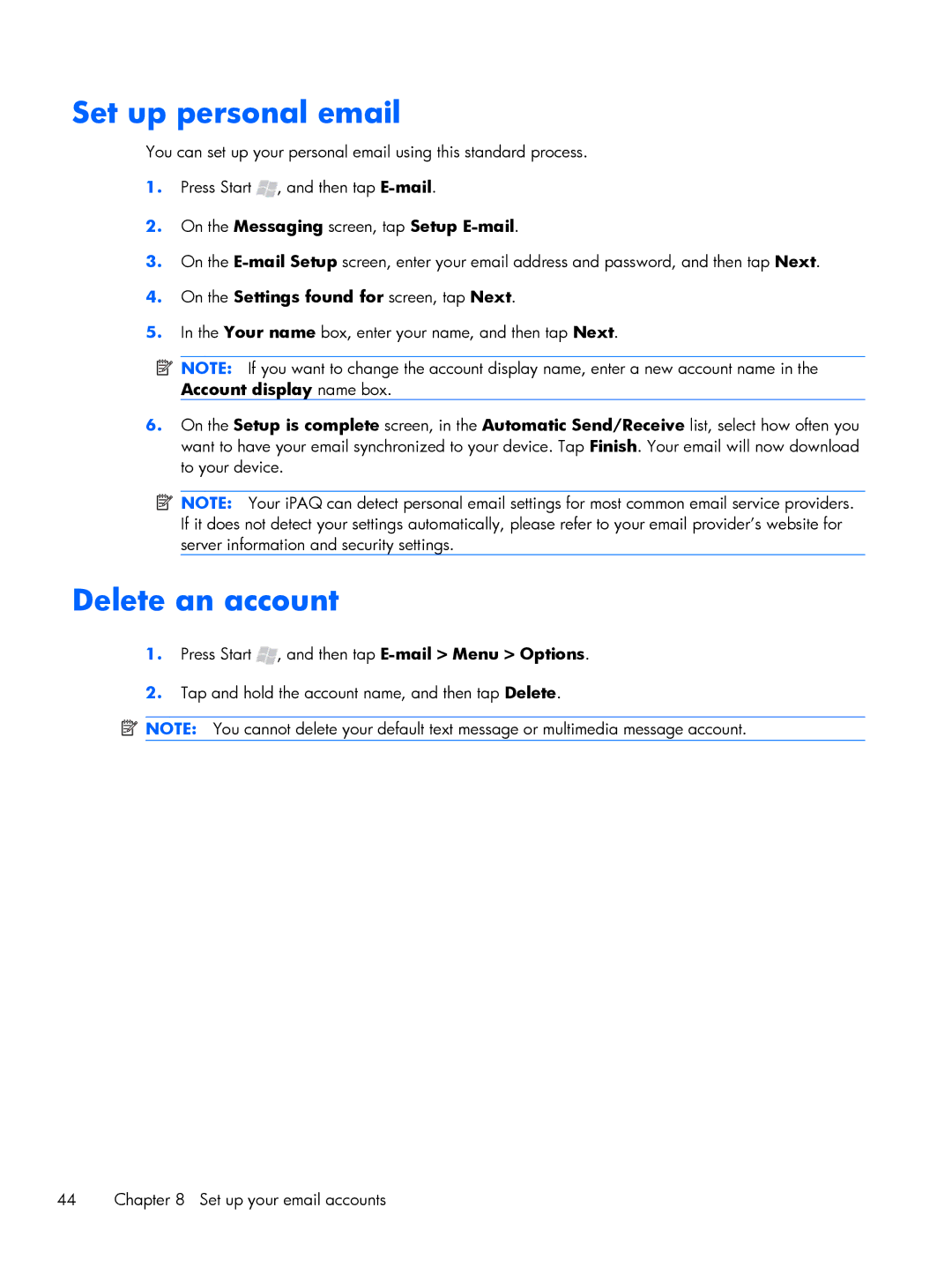 HP Glisten manual Set up personal email, Delete an account, On the Messaging screen, tap Setup E-mail 