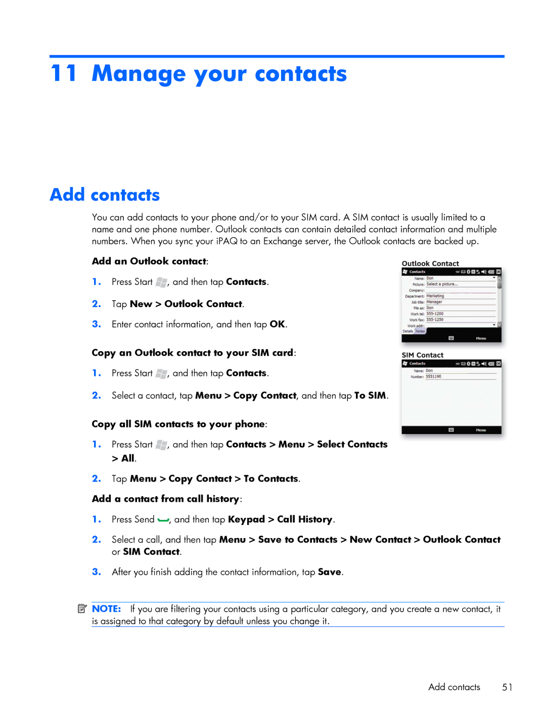 HP Glisten manual Manage your contacts, Add contacts, Add an Outlook contact, Tap New Outlook Contact 