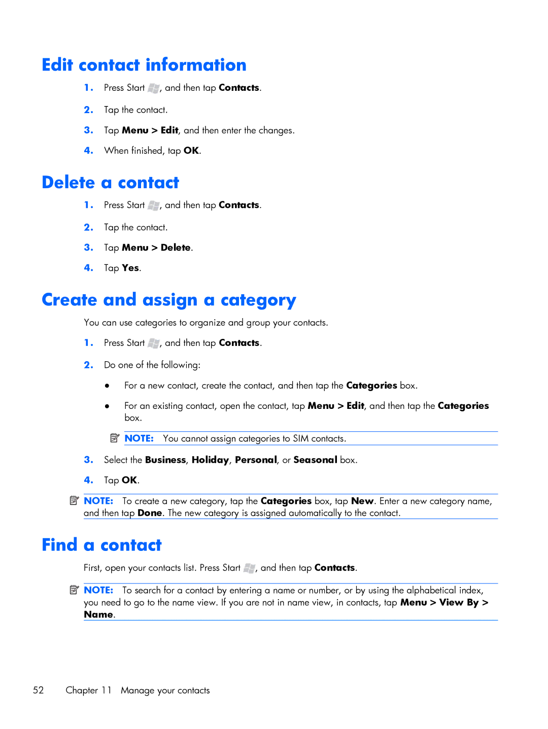 HP Glisten manual Edit contact information, Delete a contact, Create and assign a category, Find a contact 