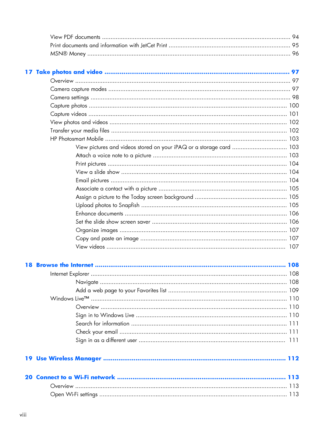 HP Glisten manual Take photos and video, Browse the Internet 108, Use Wireless Manager 112 Connect to a Wi-Fi network 113 