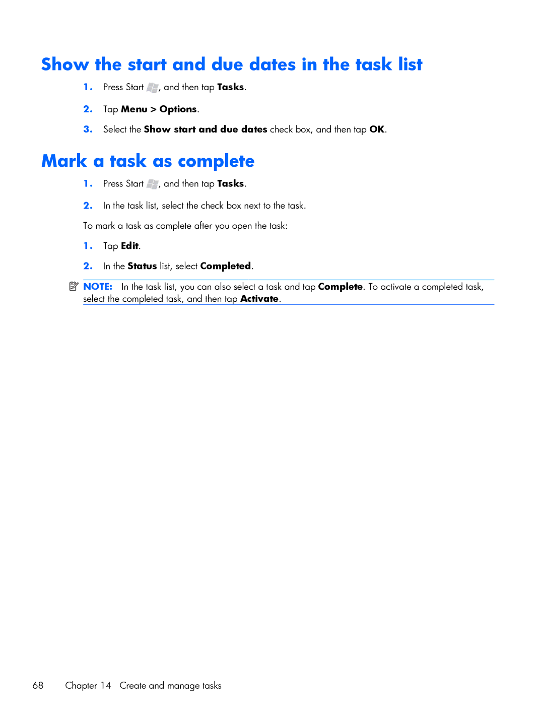 HP Glisten manual Show the start and due dates in the task list, Mark a task as complete, Tap Menu Options 