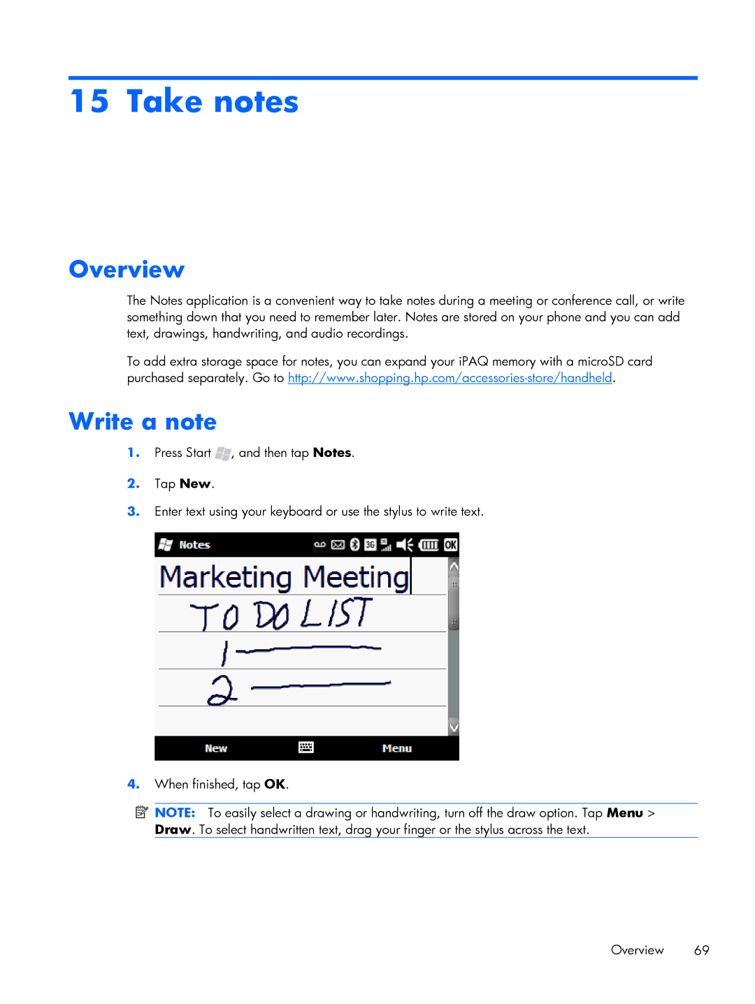 HP Glisten manual Take notes, Overview Write a note 