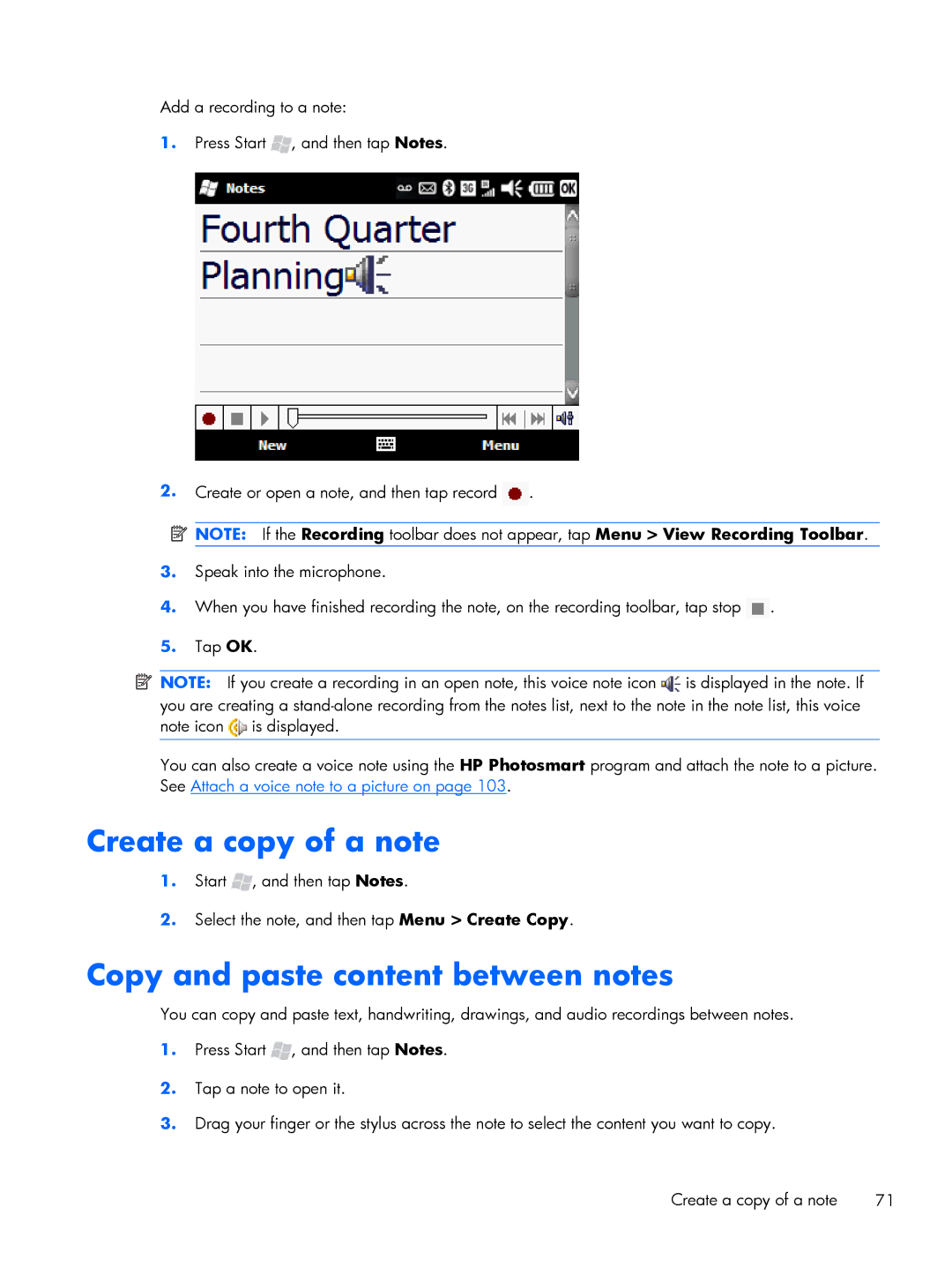 HP Glisten manual Create a copy of a note, Copy and paste content between notes 