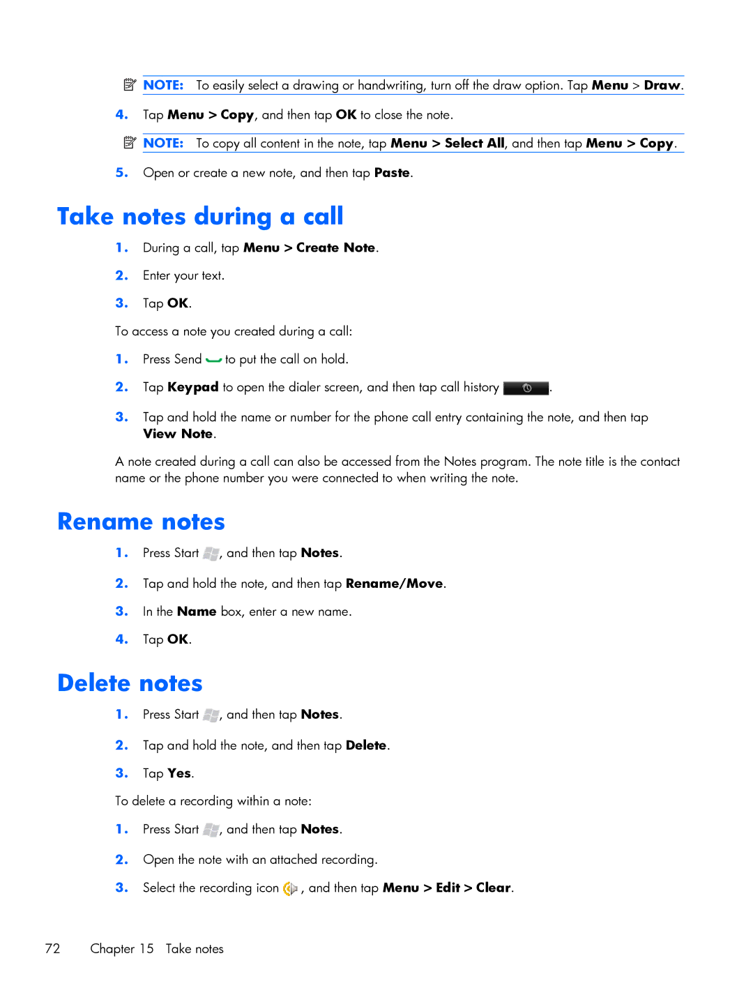 HP Glisten manual Take notes during a call, Rename notes, Delete notes 
