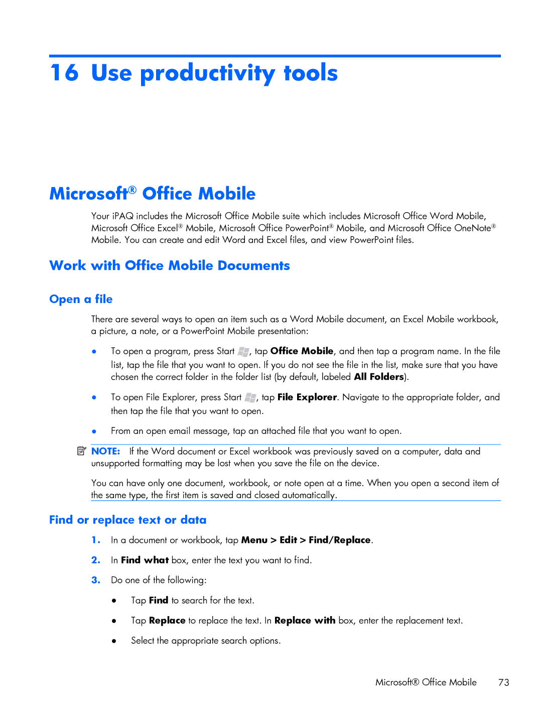 HP Glisten manual Use productivity tools, Microsoft Office Mobile, Work with Office Mobile Documents, Open a file 