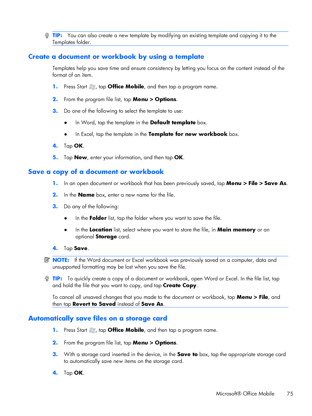 HP Glisten manual Create a document or workbook by using a template, Save a copy of a document or workbook 