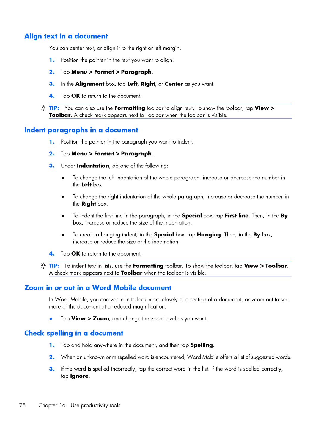 HP Glisten manual Align text in a document, Indent paragraphs in a document, Zoom in or out in a Word Mobile document 