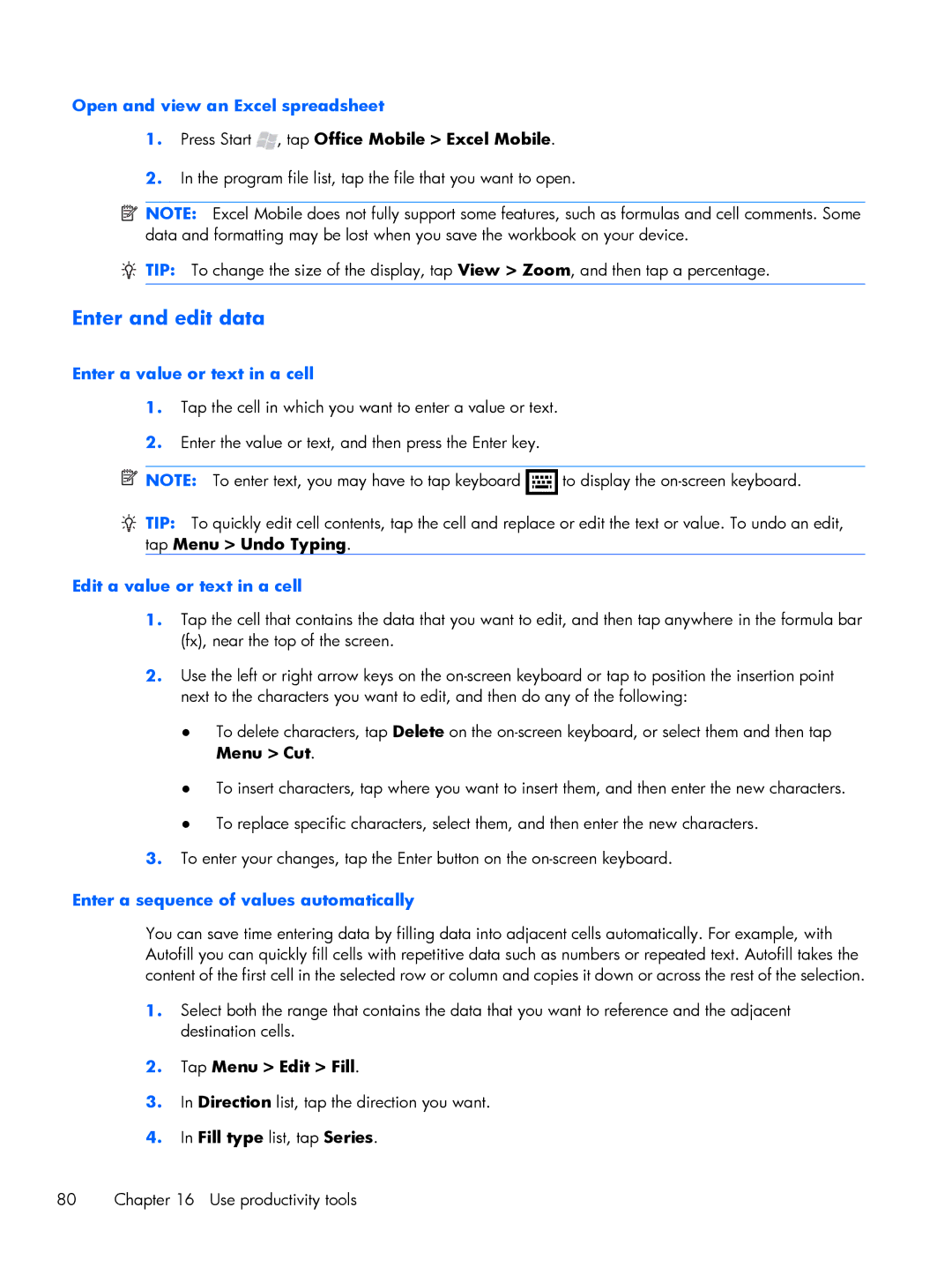 HP Glisten manual Enter and edit data, Open and view an Excel spreadsheet, Enter a value or text in a cell 