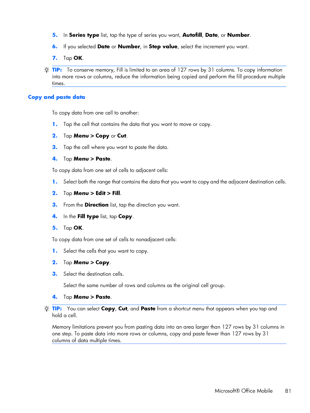 HP Glisten manual Copy and paste data, Tap Menu Copy or Cut 