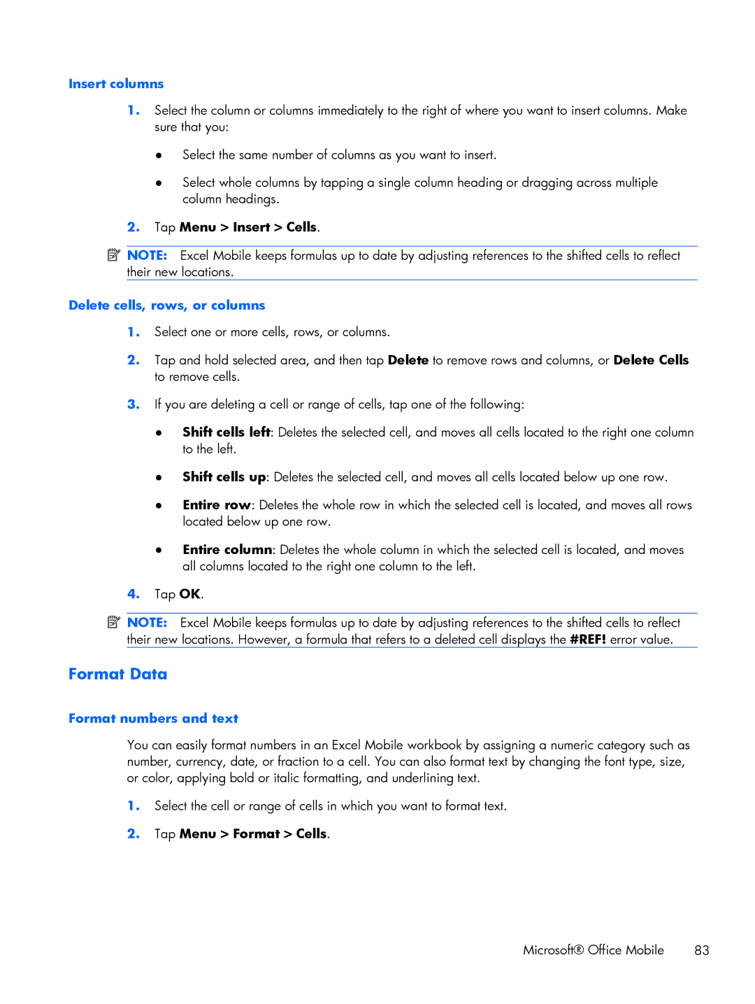 HP Glisten Format Data, Insert columns, Delete cells, rows, or columns, Format numbers and text, Tap Menu Format Cells 