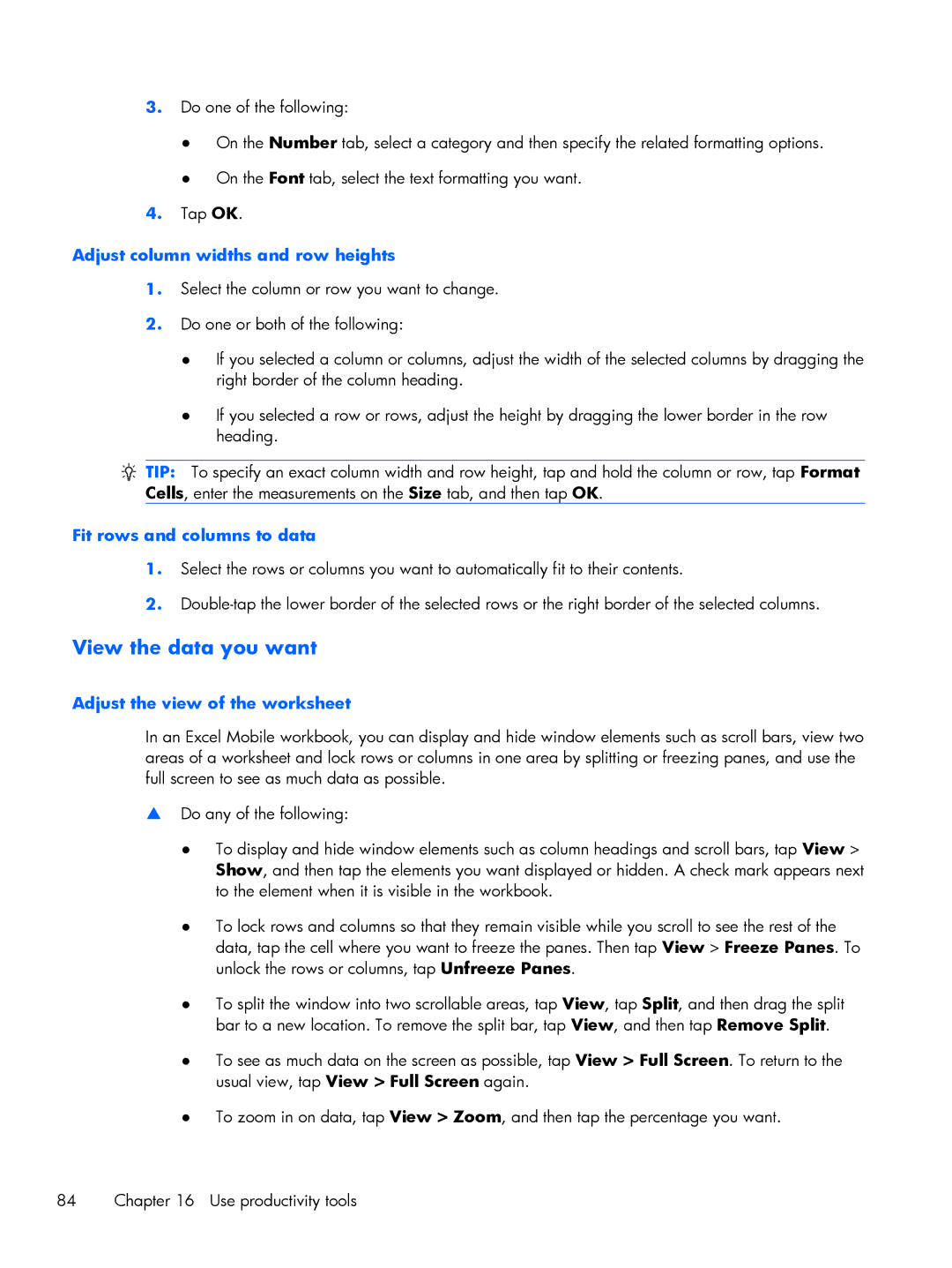 HP Glisten manual View the data you want, Adjust column widths and row heights, Fit rows and columns to data 