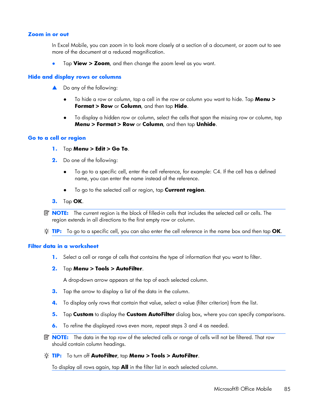 HP Glisten manual Zoom in or out, Hide and display rows or columns, Go to a cell or region, Filter data in a worksheet 