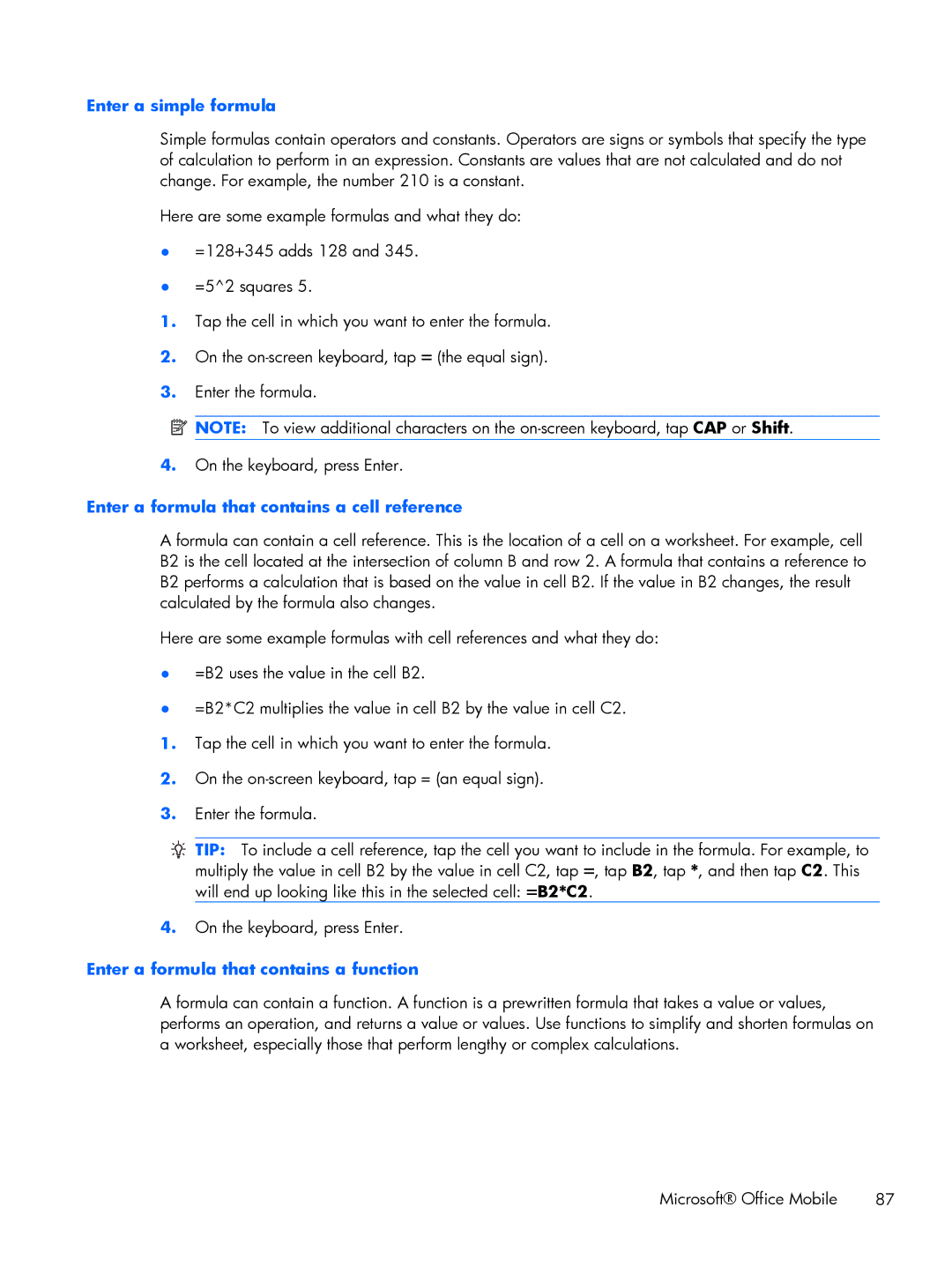 HP Glisten manual Enter a simple formula, Enter a formula that contains a cell reference 