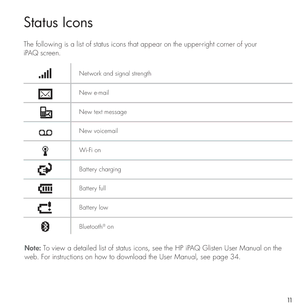 HP Glisten manual Status Icons 