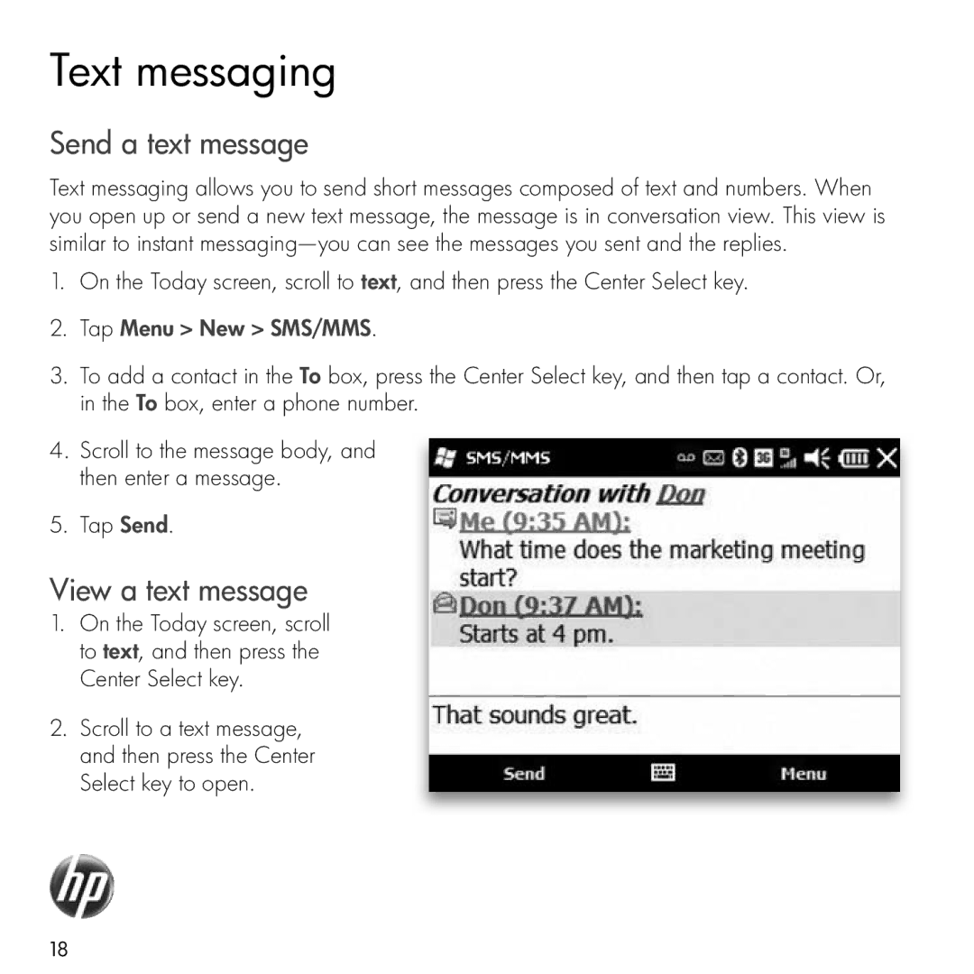 HP Glisten manual Text messaging, Send a text message, View a text message, Tap Menu New SMS/MMS 