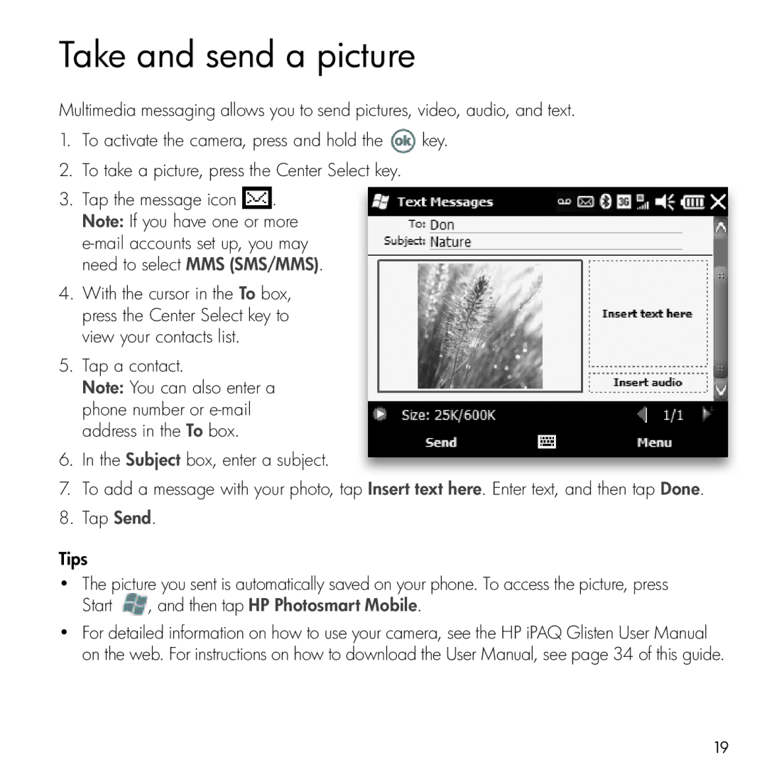 HP Glisten manual Take and send a picture 