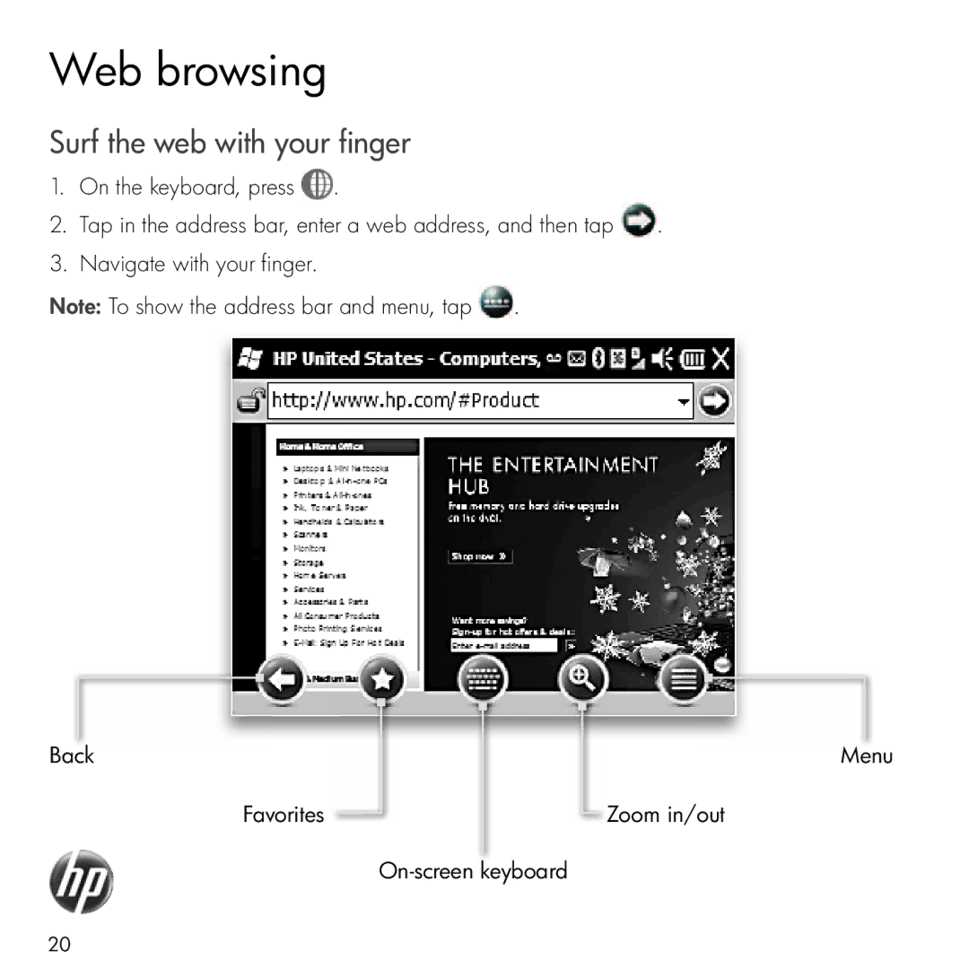 HP Glisten manual Web browsing, Surf the web with your finger 