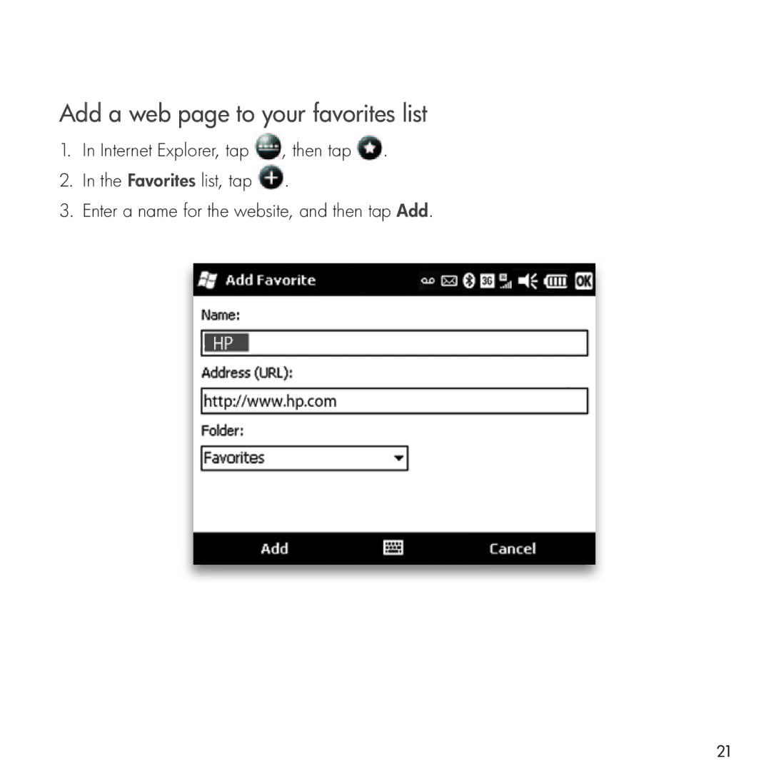 HP Glisten manual Add a web page to your favorites list 