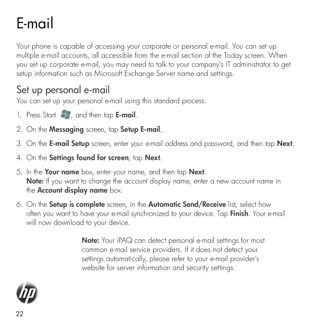 HP Glisten manual Mail, Set up personal e-mail, On the Messaging screen, tap Setup E-mail 