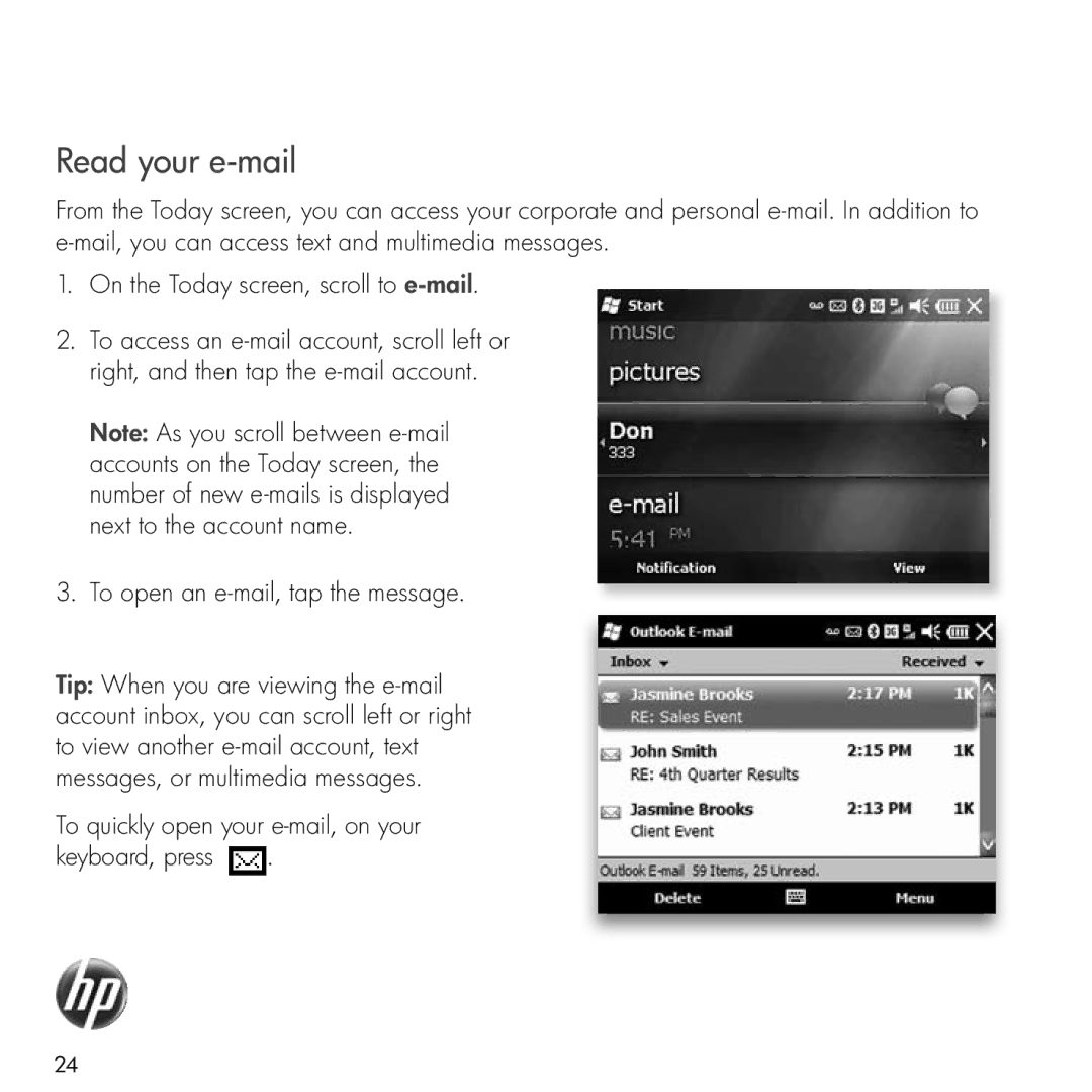 HP Glisten manual Read your e-mail, To open an e-mail, tap the message 