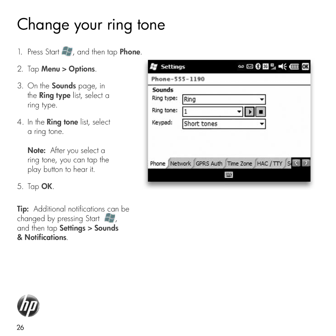 HP Glisten manual Change your ring tone, Tap Menu Options 