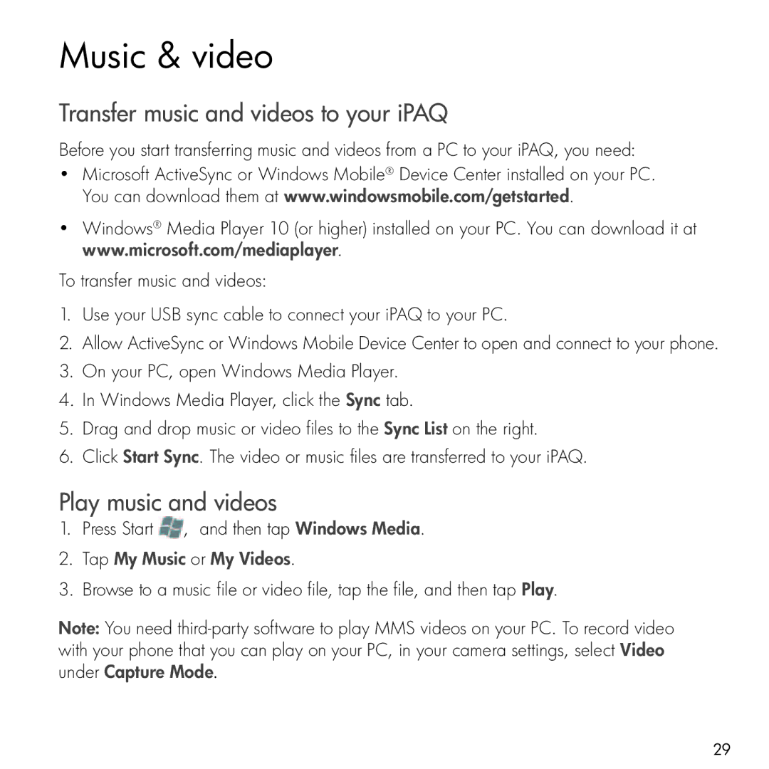 HP Glisten manual Music & video, Transfer music and videos to your iPAQ, Play music and videos, Tap My Music or My Videos 