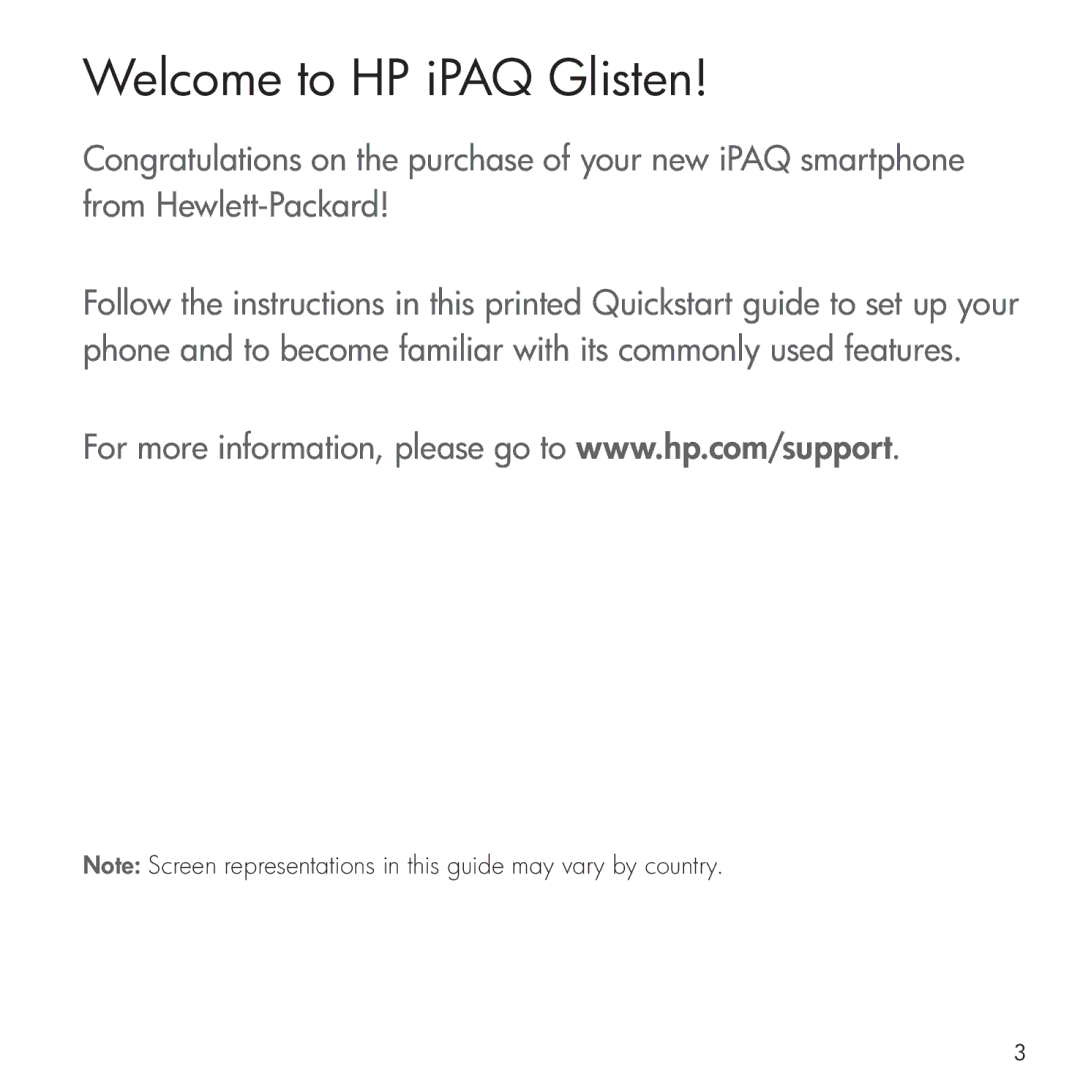 HP manual Welcome to HP iPAQ Glisten 